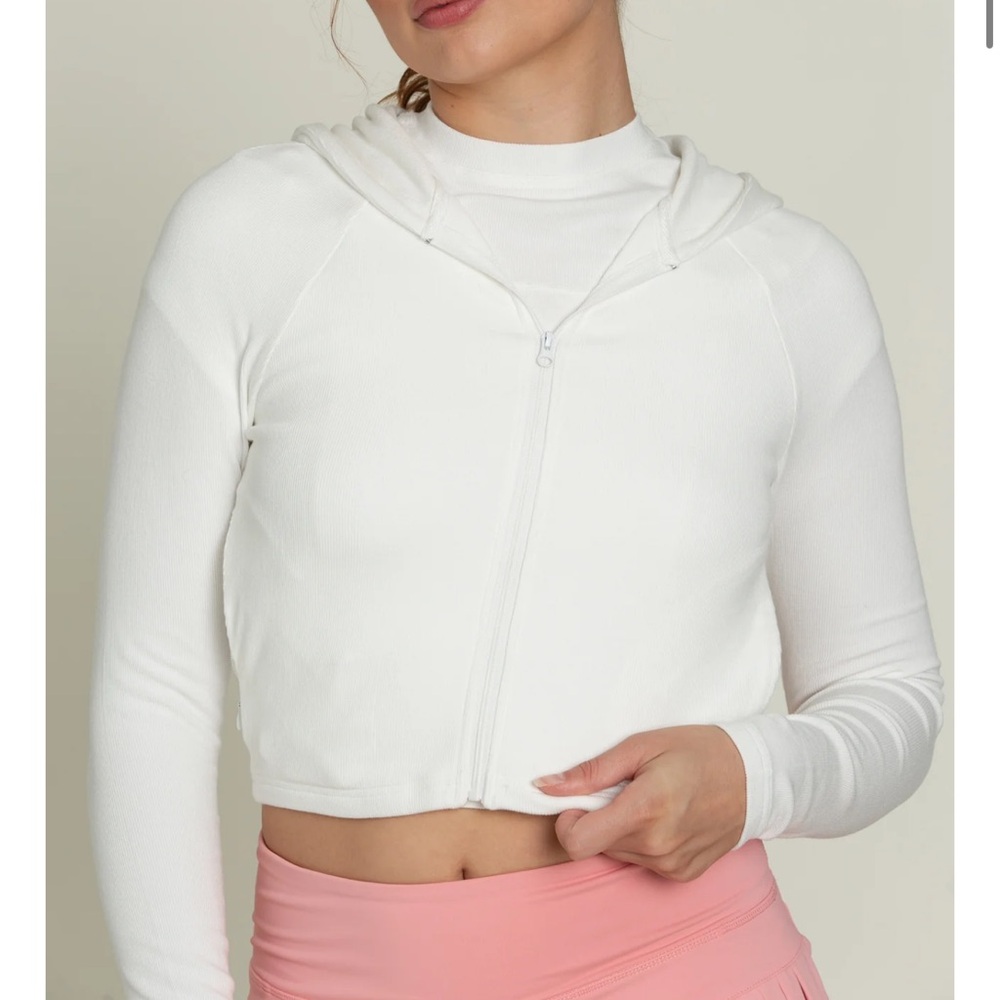 Women's White Ribbed Cropped Hoodie Athletic Jacket